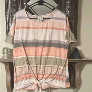 Gray and Pink Short Sleeve Tie Front T-Shirt